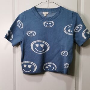 Debut Blue Short Sleeve Cropped sweater tshirt  with White Heart Smiles